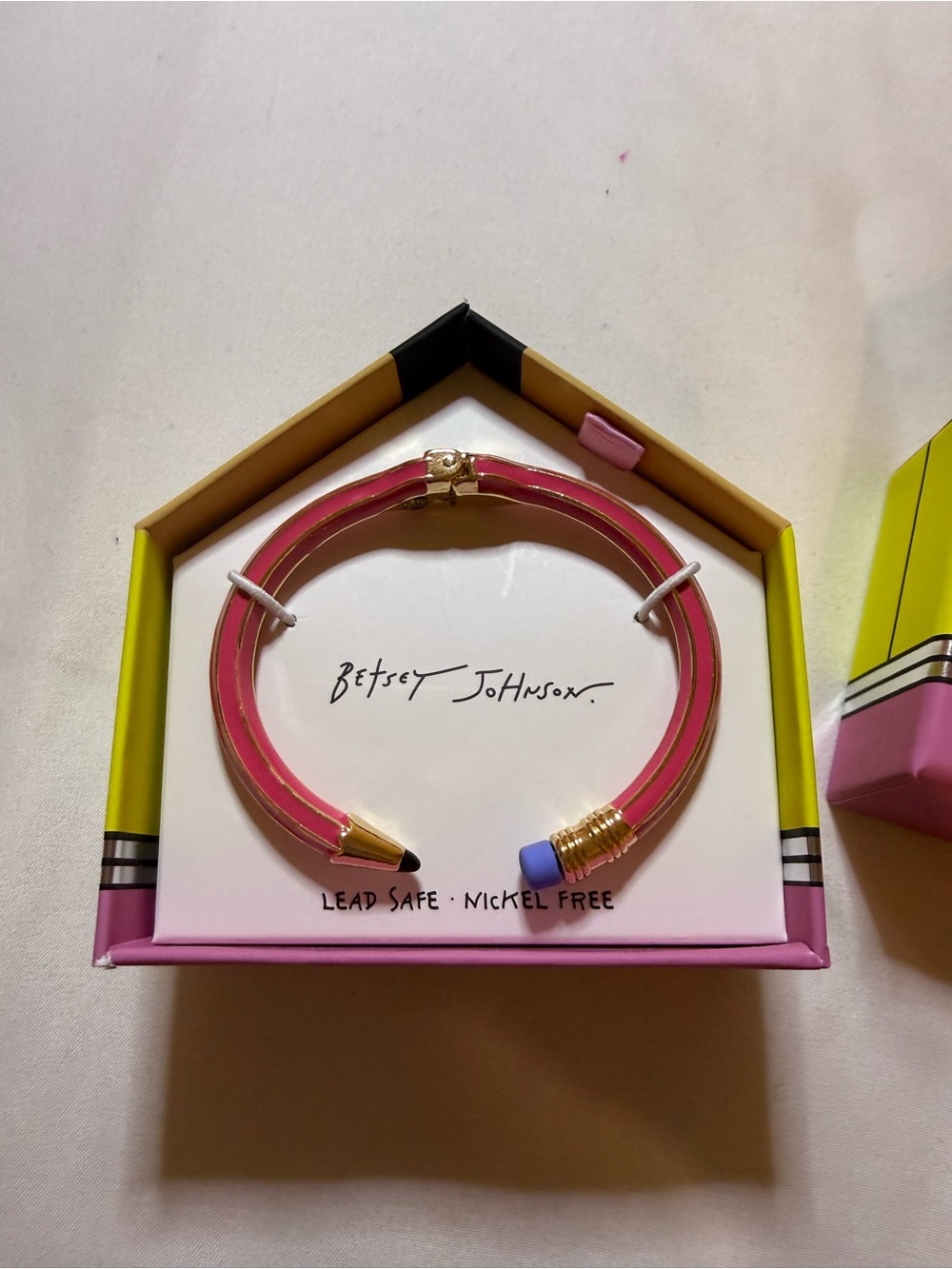 Betsey Johnson Pink Pencil Cuff Bracelet with Gold Tips and Blue Eraser